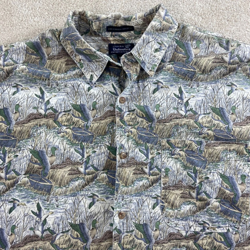 Vtg Ducks Unlimited Button Down Shirt Mens XL Mallard Duck Hunting Print
